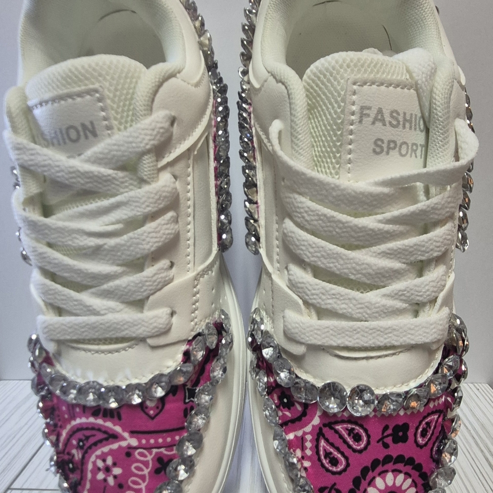 White and Pink Rhinestone Sneakers